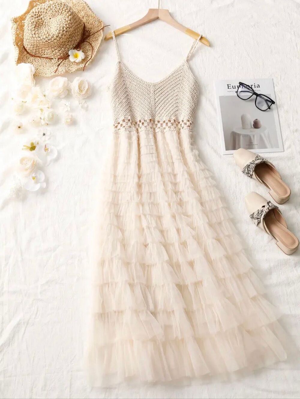 POL Crochet Lace Tiered Midi Dress | Boho Ivory Ruffle | Western Festival | O/S - Picture 13 of 14
